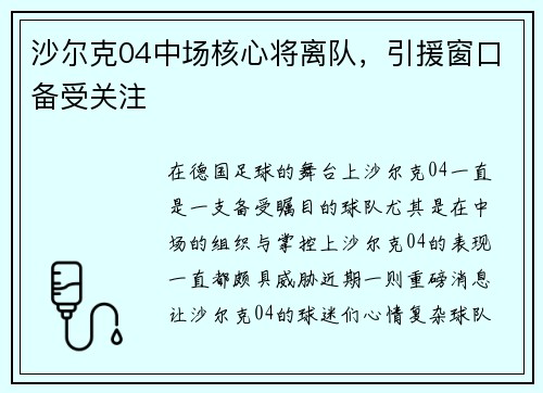 沙尔克04中场核心将离队，引援窗口备受关注